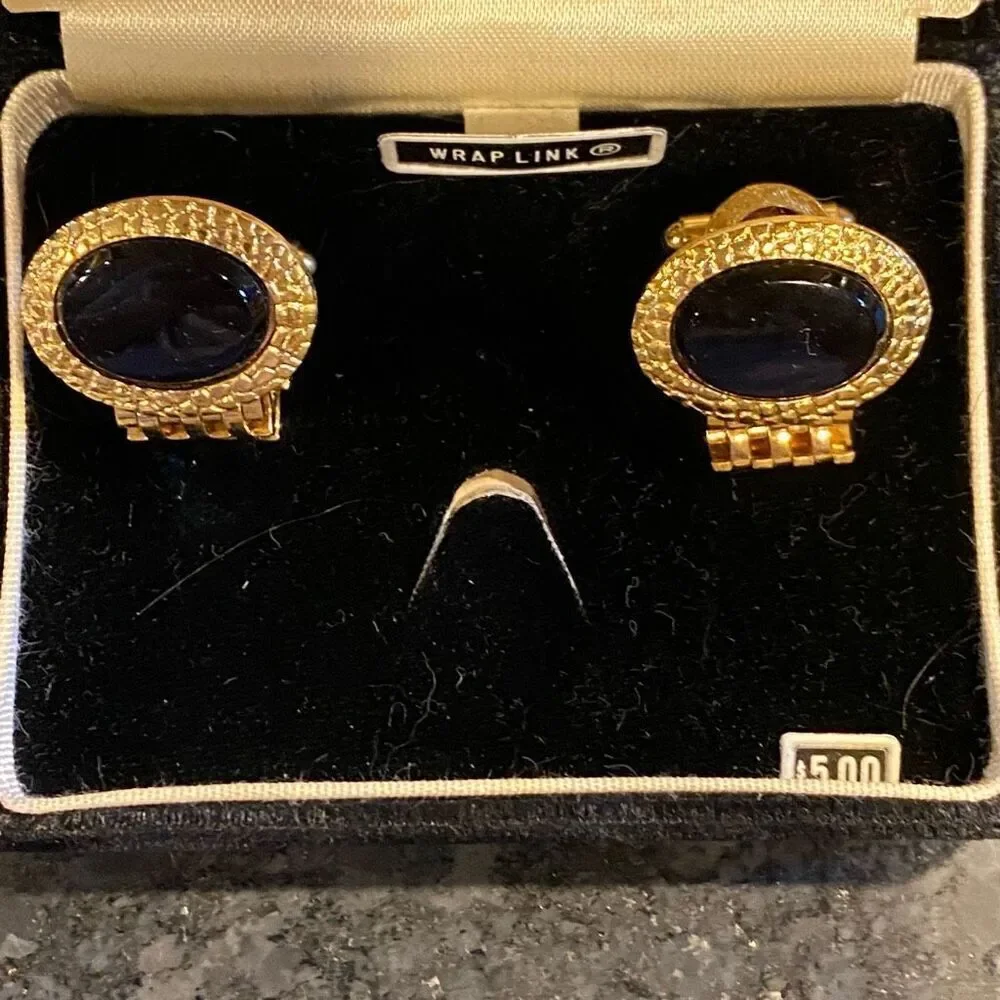 Vintage Dante Onyx Gold Wrap Around Mesh Cuff Links Boxed